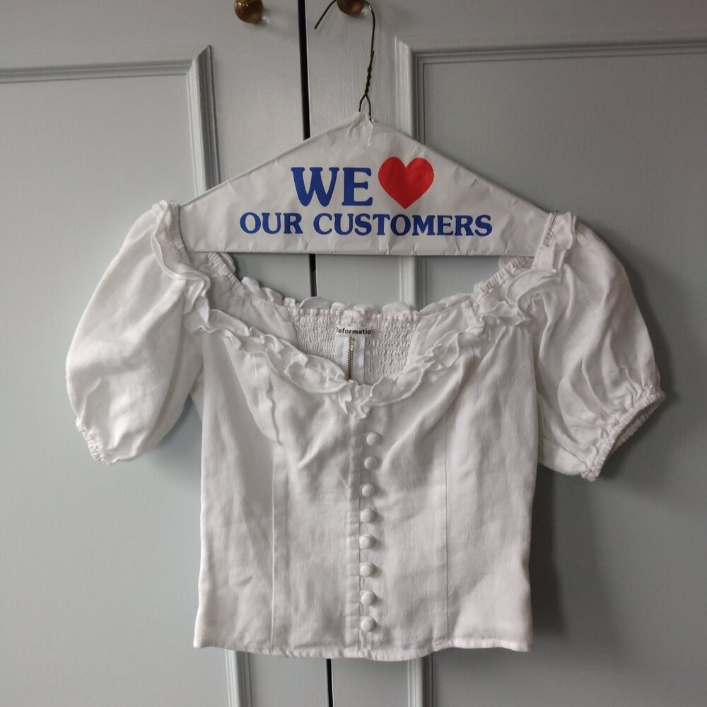 Reformation White Puff Sleeve Button Front Crop Top